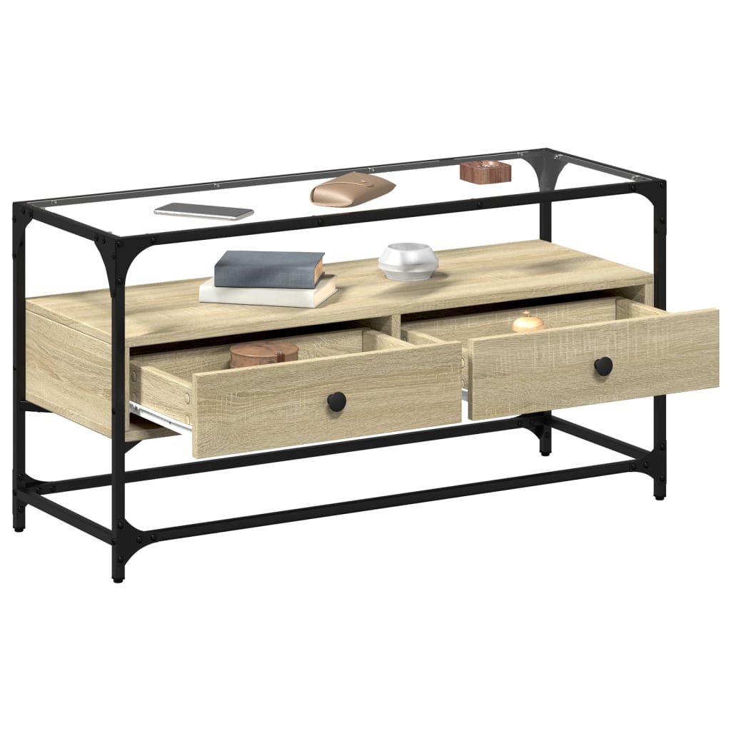 vidaXL Szafka pod TV ze szklanym blatem, dąb sonoma, 98x35x51 cm