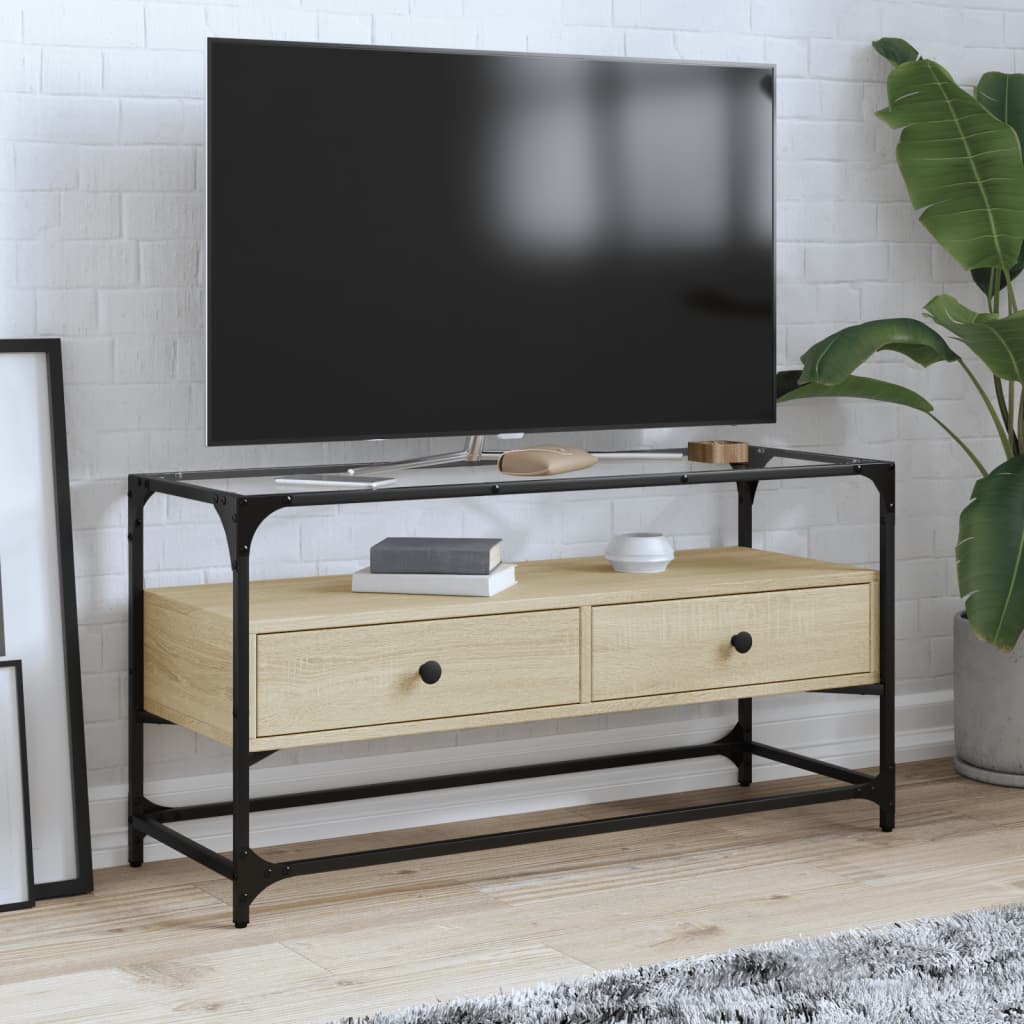 vidaXL Szafka pod TV ze szklanym blatem, dąb sonoma, 98x35x51 cm