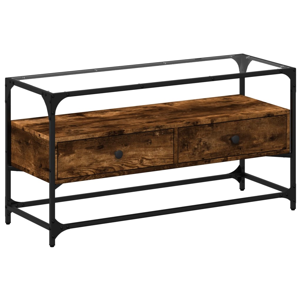 vidaXL Szafka pod TV ze szklanym blatem, przydymiony dąb, 98x35x51 cm