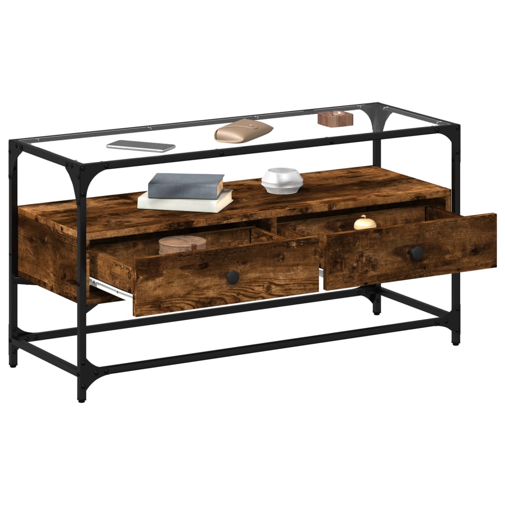 vidaXL Szafka pod TV ze szklanym blatem, przydymiony dąb, 98x35x51 cm
