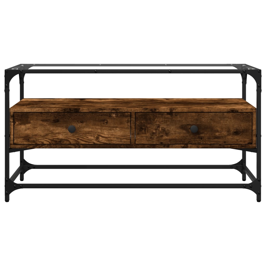 vidaXL Szafka pod TV ze szklanym blatem, przydymiony dąb, 98x35x51 cm