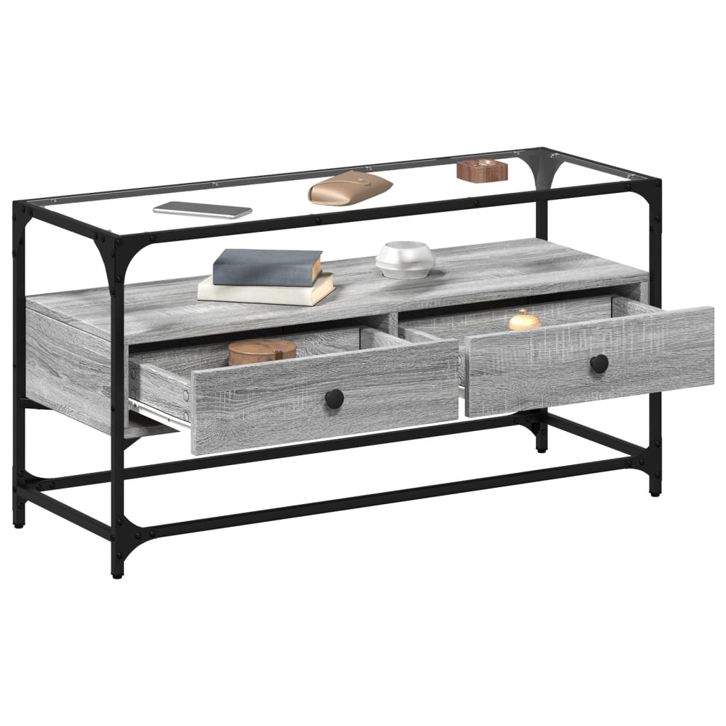 vidaXL Szafka pod TV ze szklanym blatem, szary dąb sonoma, 98x35x51 cm