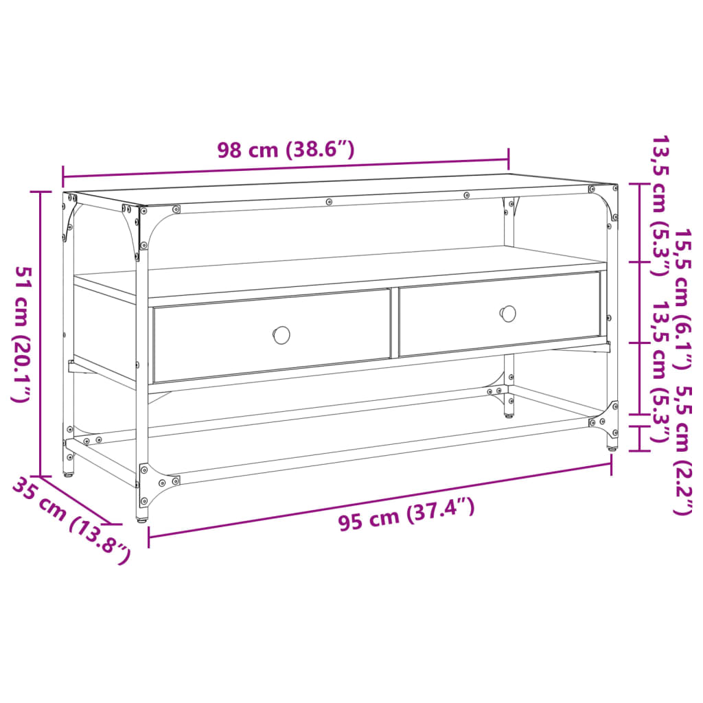 vidaXL Szafka pod TV ze szklanym blatem, szary dąb sonoma, 98x35x51 cm