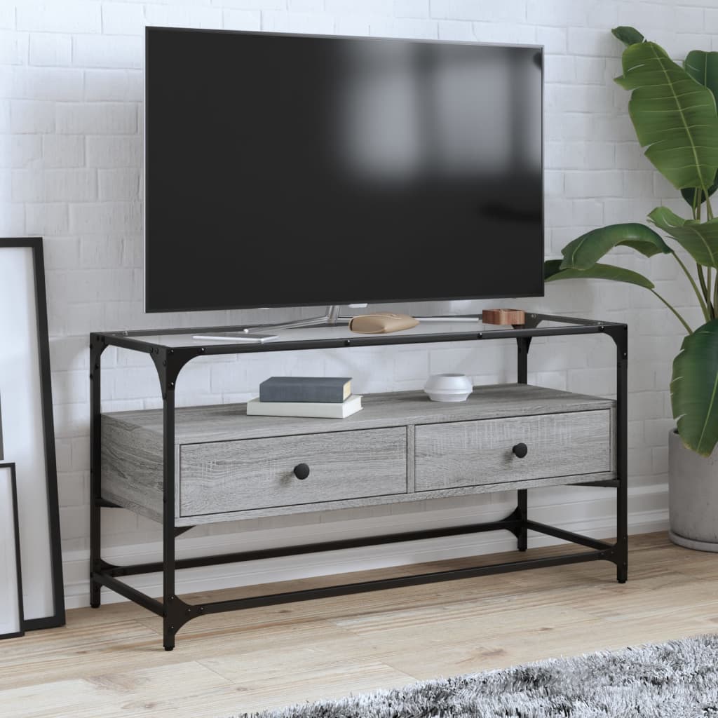 vidaXL Szafka pod TV ze szklanym blatem, szary dąb sonoma, 98x35x51 cm