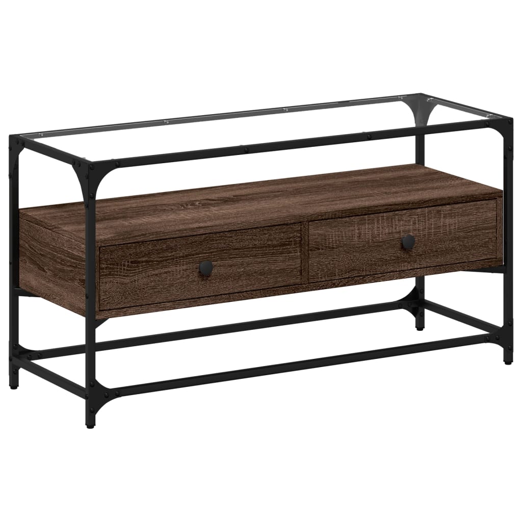 vidaXL Szafka pod TV ze szklanym blatem, brązowy dąb, 98x35x51 cm