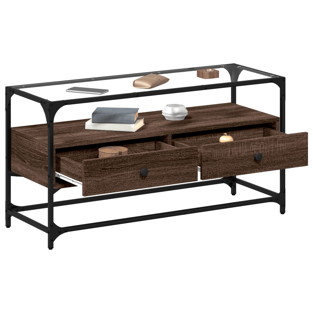 vidaXL Szafka pod TV ze szklanym blatem, brązowy dąb, 98x35x51 cm