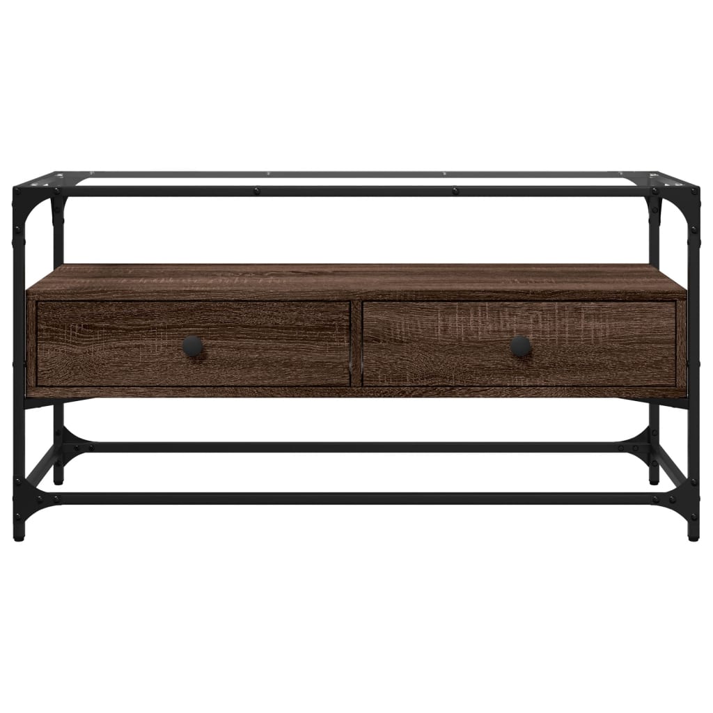 vidaXL Szafka pod TV ze szklanym blatem, brązowy dąb, 98x35x51 cm