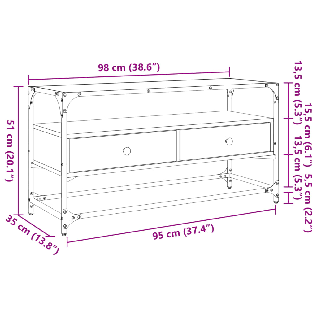 vidaXL Szafka pod TV ze szklanym blatem, brązowy dąb, 98x35x51 cm
