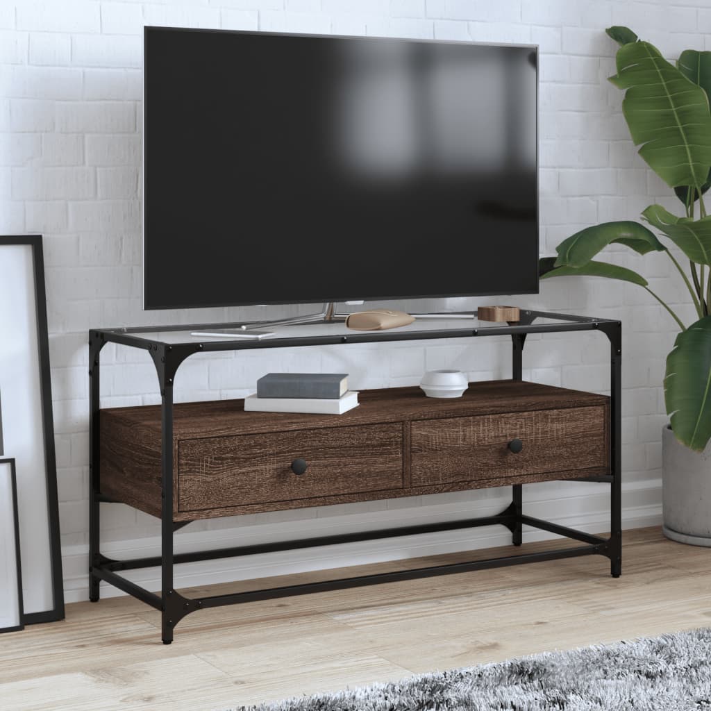 vidaXL Szafka pod TV ze szklanym blatem, brązowy dąb, 98x35x51 cm