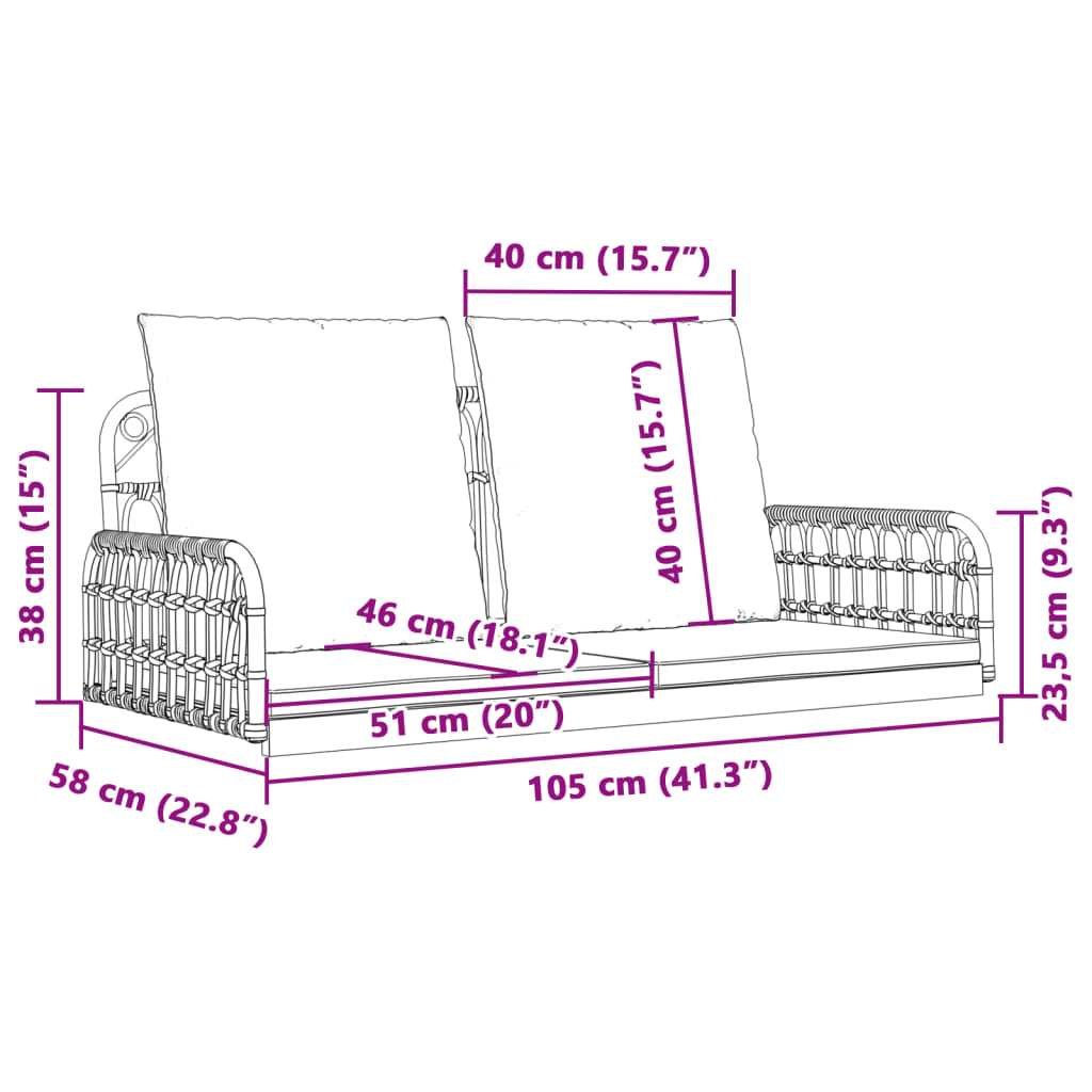 vidaXL Ławka bujana z poduszkami, 105x58x38 cm, polirattan i stal