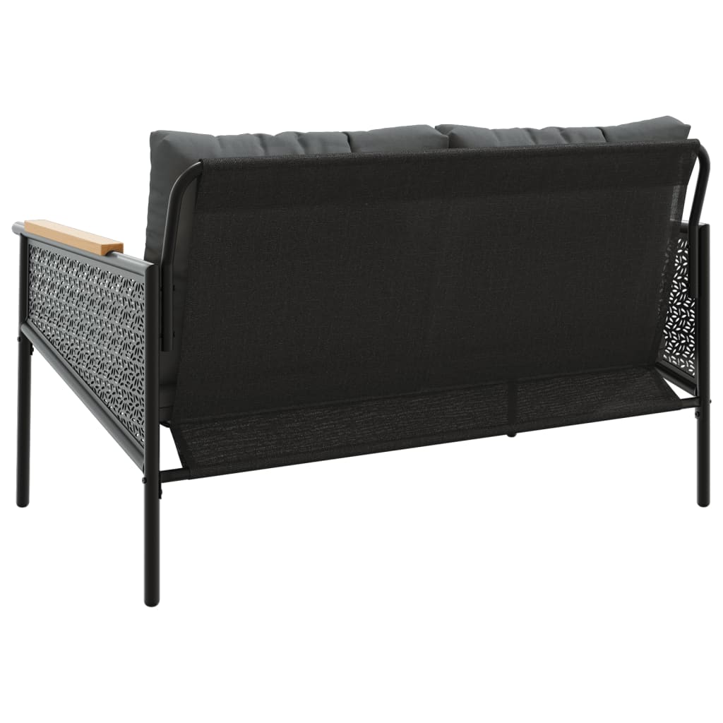 vidaXL Ławka ogrodowa z poduszkami, 116 cm, czarna, stalowa