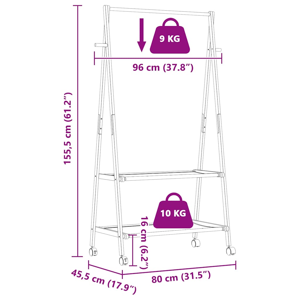 vidaXL Wieszak na ubrania z półkami i kółkami, 96x45,5x155,5 cm