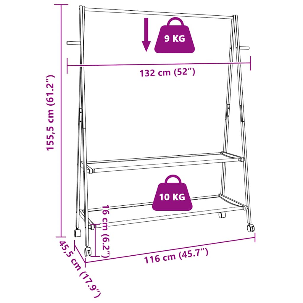 vidaXL Wieszak na ubrania z półkami i kółkami, 132x45,5x155,5 cm