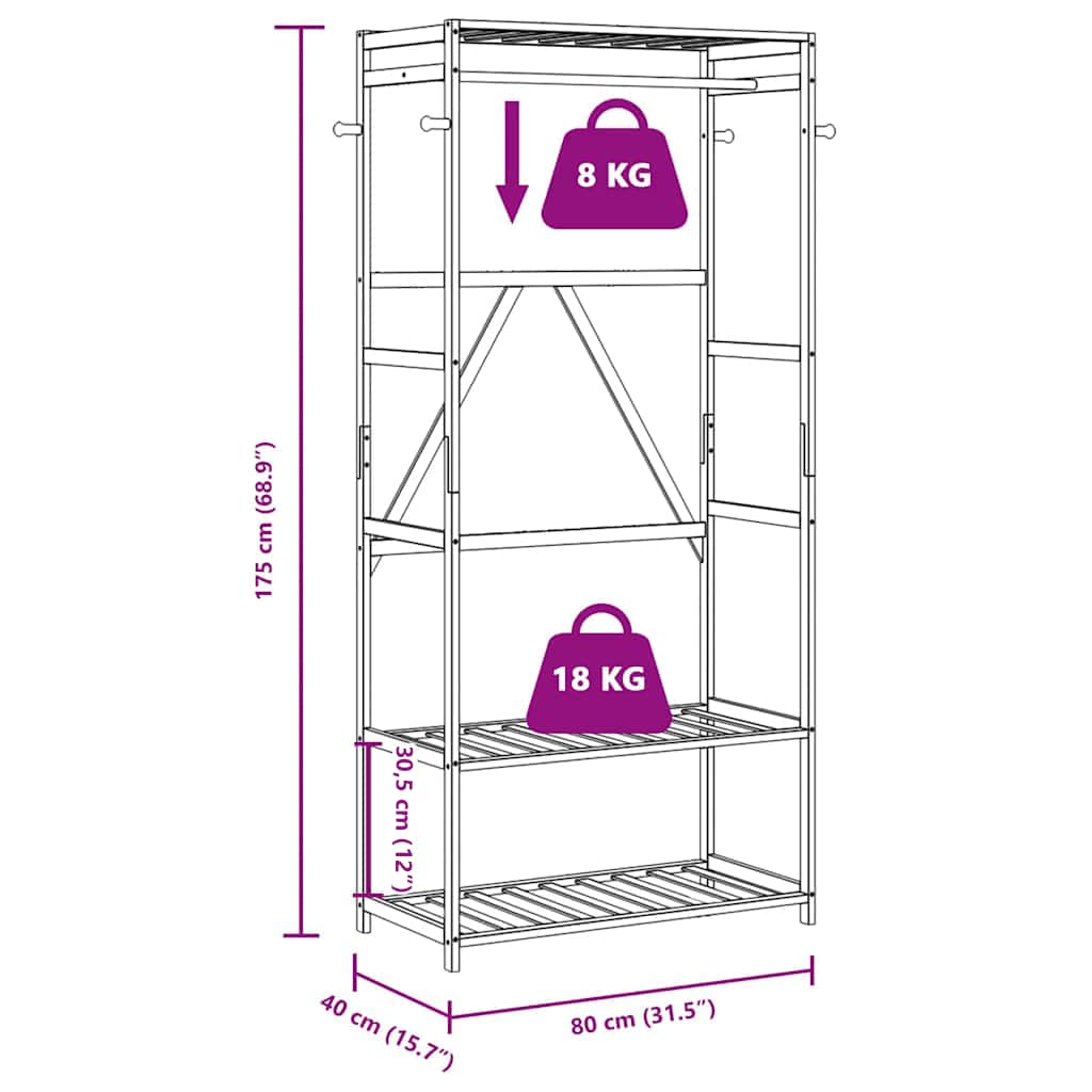vidaXL Wieszak na ubrania, z półkami, 80x40x175 cm, bambusowy