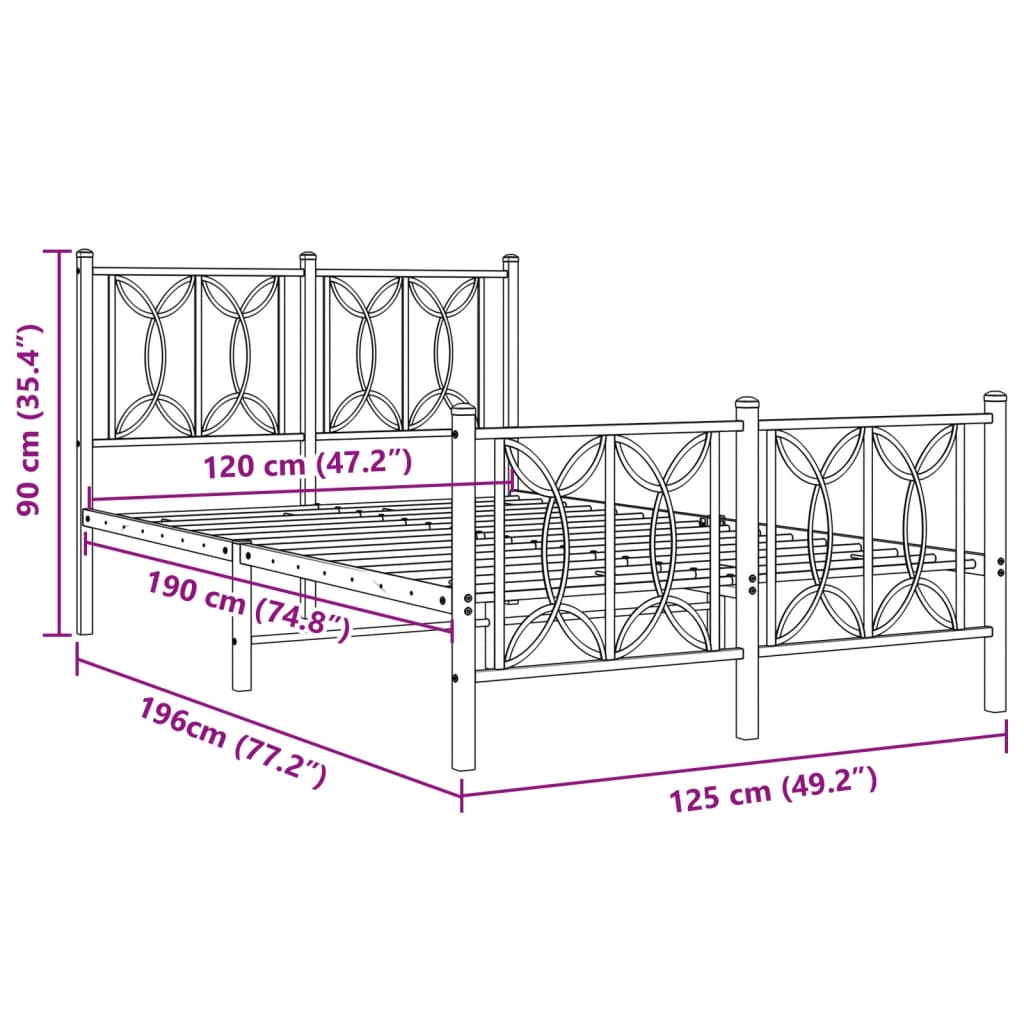 vidaXL Metalowa rama łóżka z wezgłowiem i zanóżkiem, czarna, 120x190cm