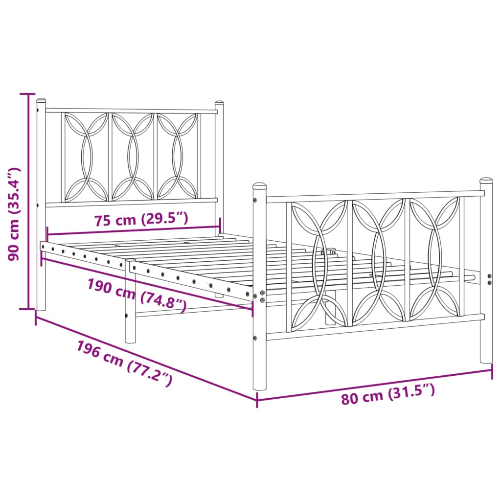 vidaXL Metalowa rama łóżka z wezgłowiem i zanóżkiem, biała, 75x190 cm