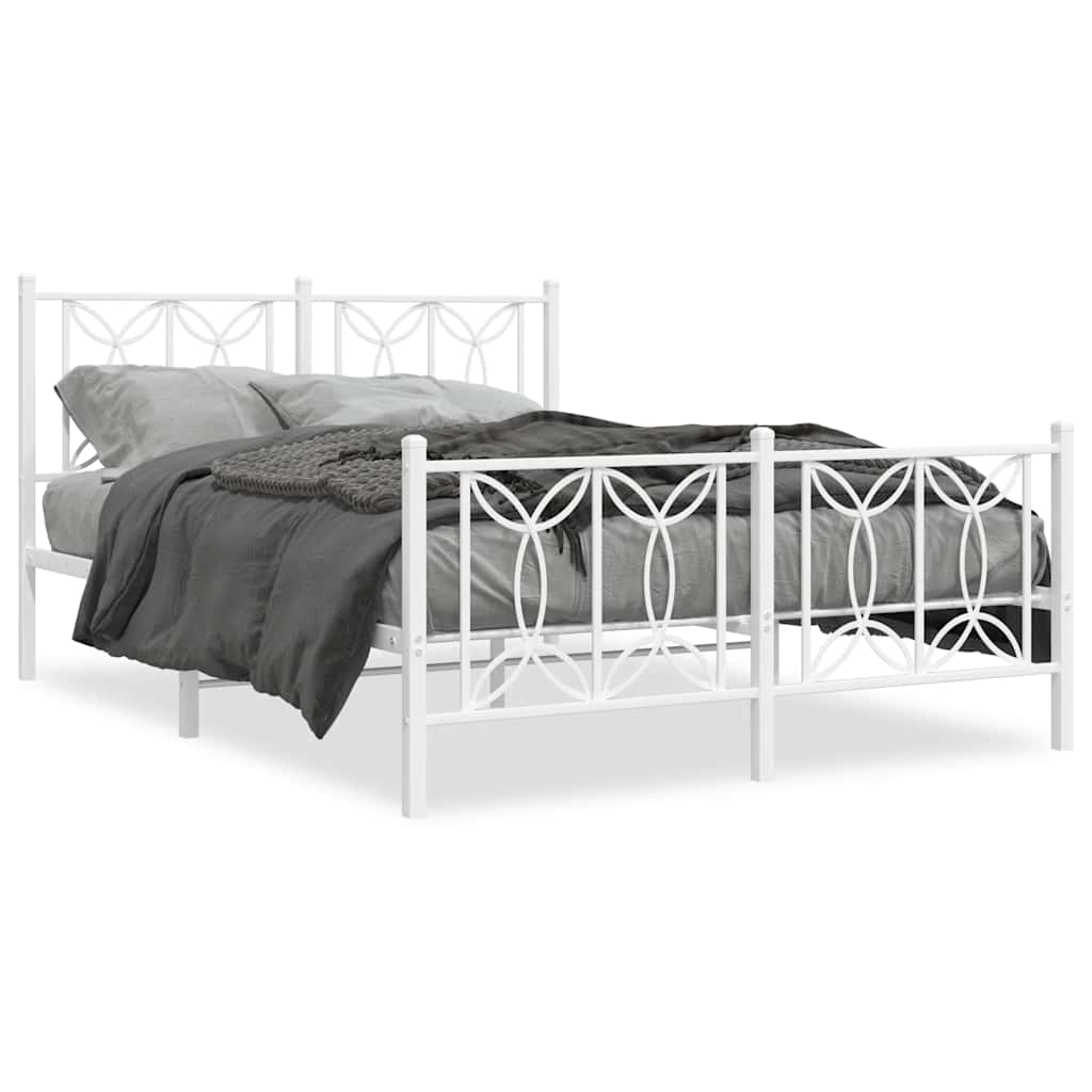 vidaXL Metalowa rama łóżka z wezgłowiem i zanóżkiem, biała, 135x190 cm