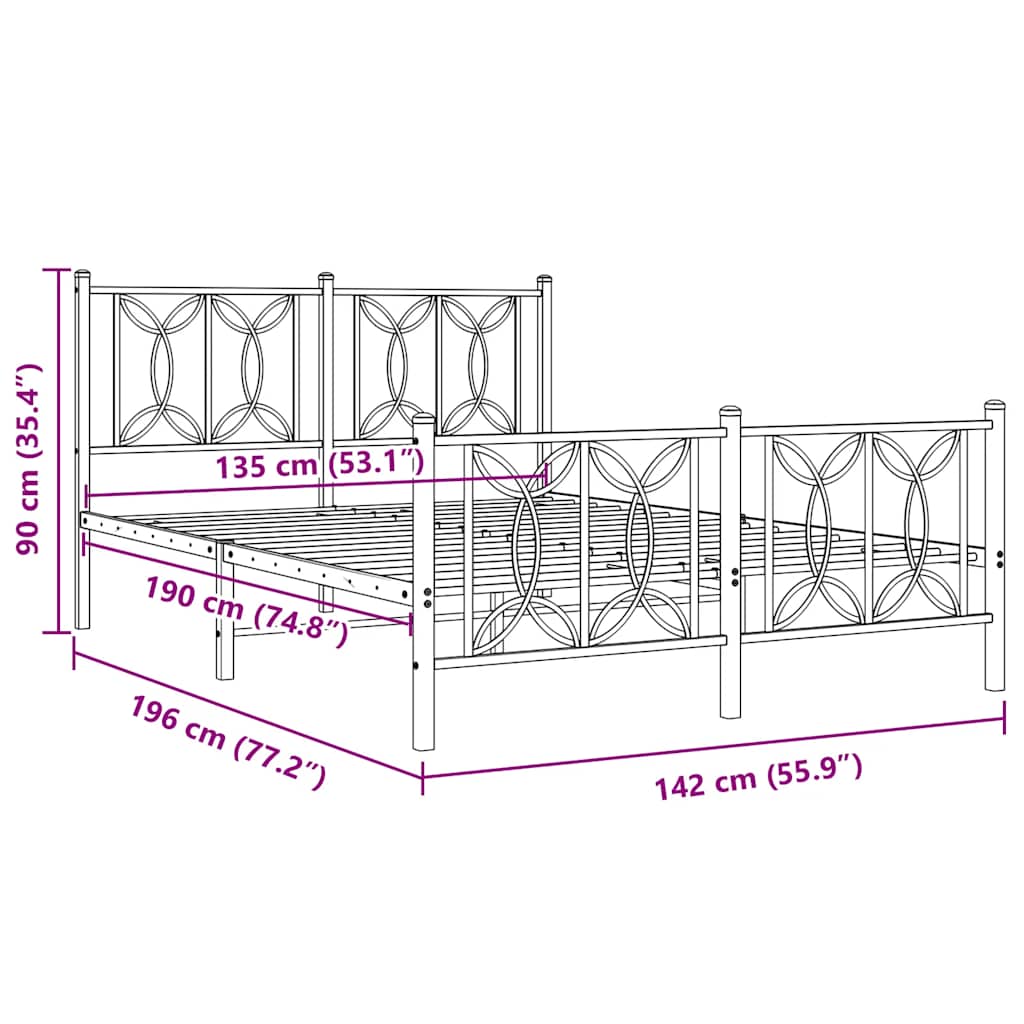 vidaXL Metalowa rama łóżka z wezgłowiem i zanóżkiem, biała, 135x190 cm