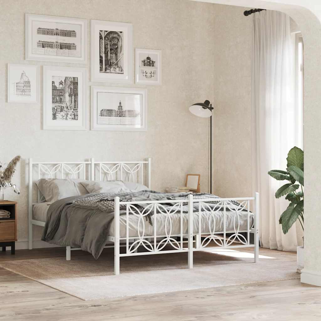 vidaXL Metalowa rama łóżka z wezgłowiem i zanóżkiem, biała, 135x190 cm