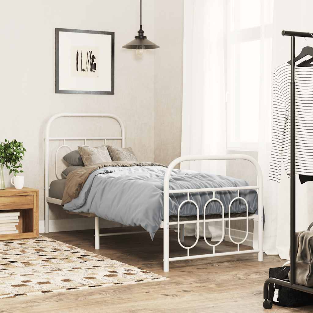 vidaXL Metalowa rama łóżka z wezgłowiem i zanóżkiem, biała, 75x190 cm