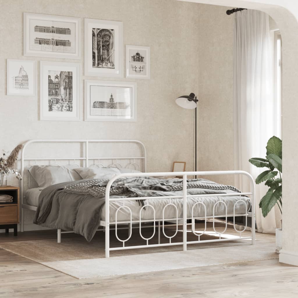 vidaXL Metalowa rama łóżka z wezgłowiem i zanóżkiem, biała, 135x190 cm