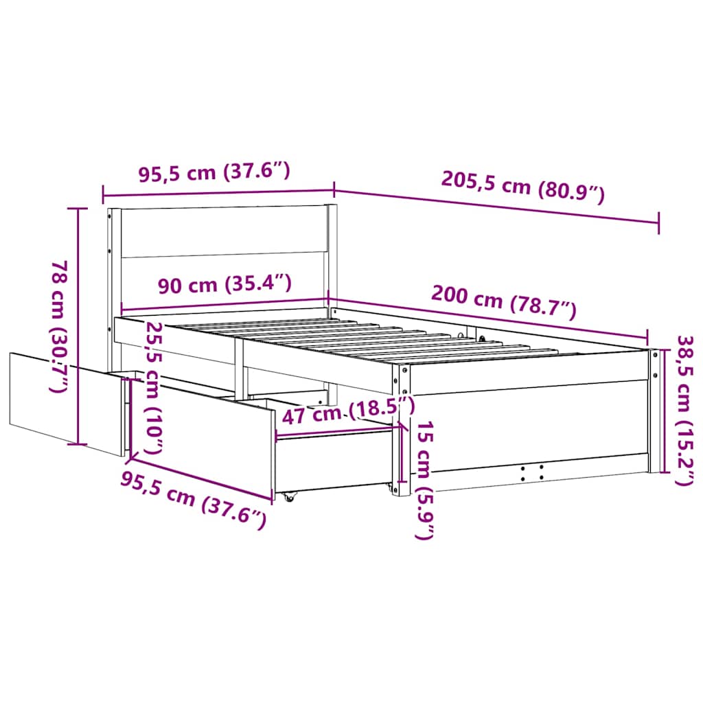 vidaXL Rama łóżka bez materaca, 90x200 cm, lite drewno sosnowe