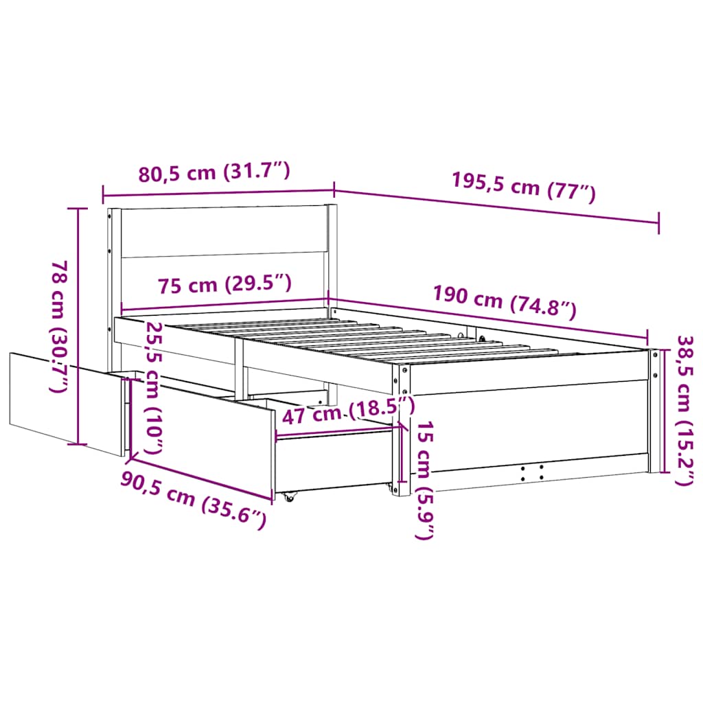 vidaXL Rama łóżka bez materaca, 75x190 cm, lite drewno sosnowe