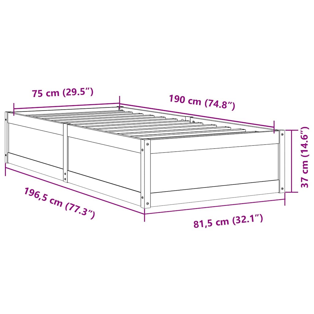vidaXL Rama łóżka bez materaca, biała, 75x190 cm, lite drewno sosnowe
