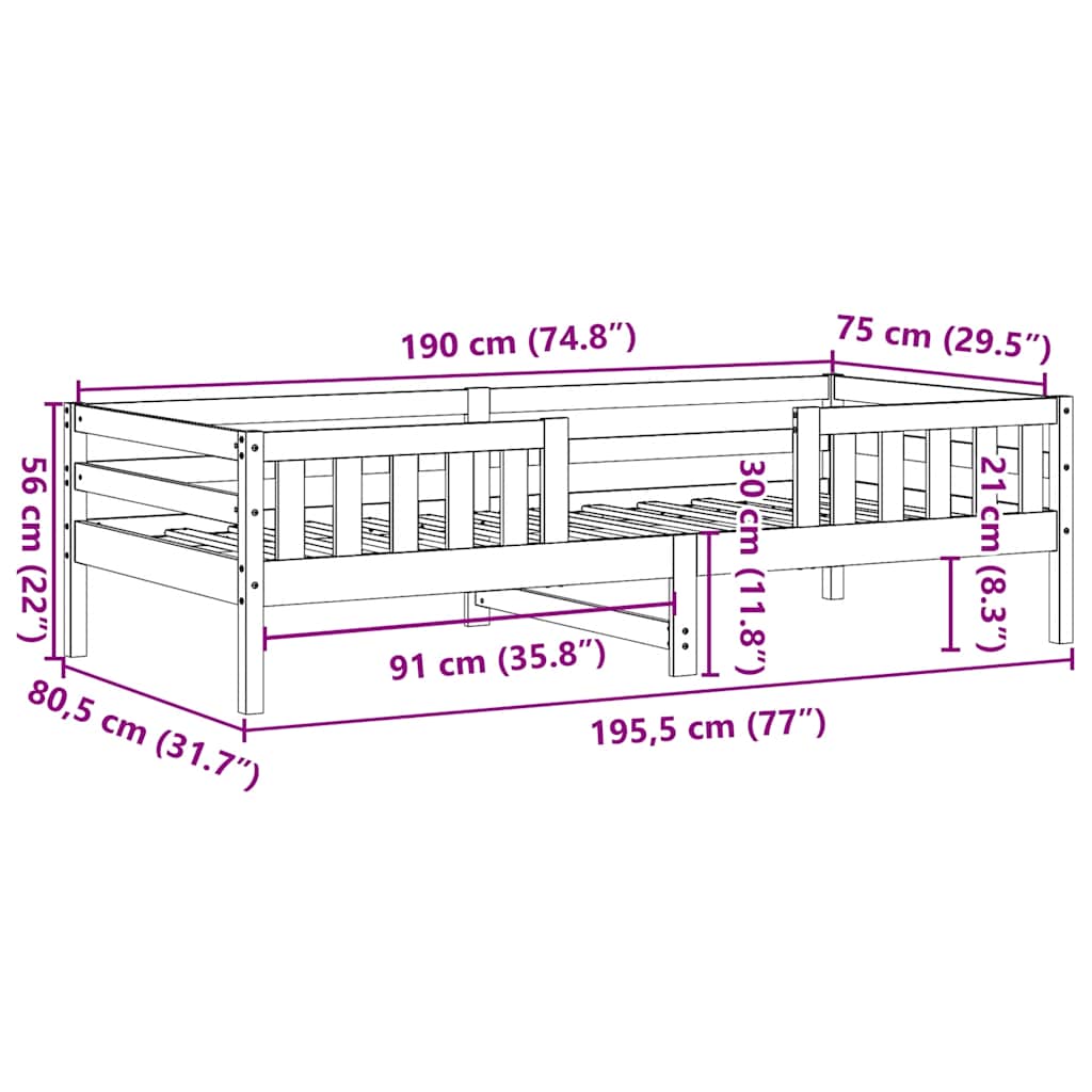 vidaXL Rama łóżka bez materaca, 75x190 cm, lite drewno sosnowe