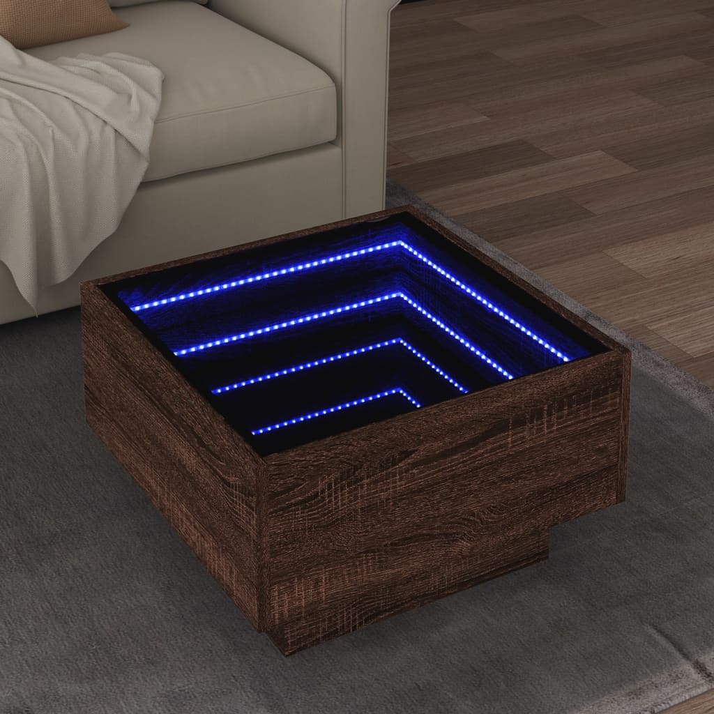 vidaXL Stolik kawowy z LED, brązowy dąb, 50x50x30 cm