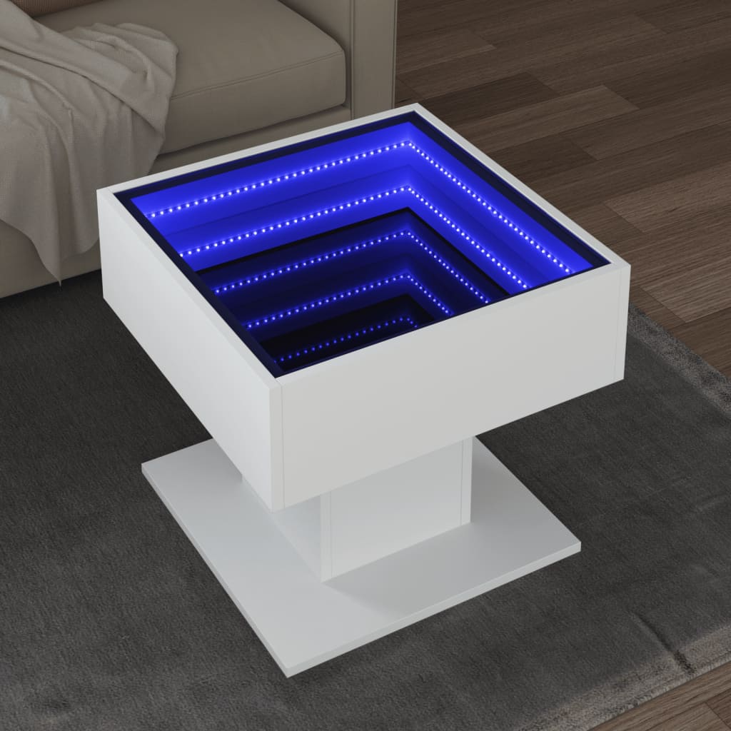 vidaXL Stolik kawowy z LED, biały 50x50x45 cm, materiał drewnopochodny