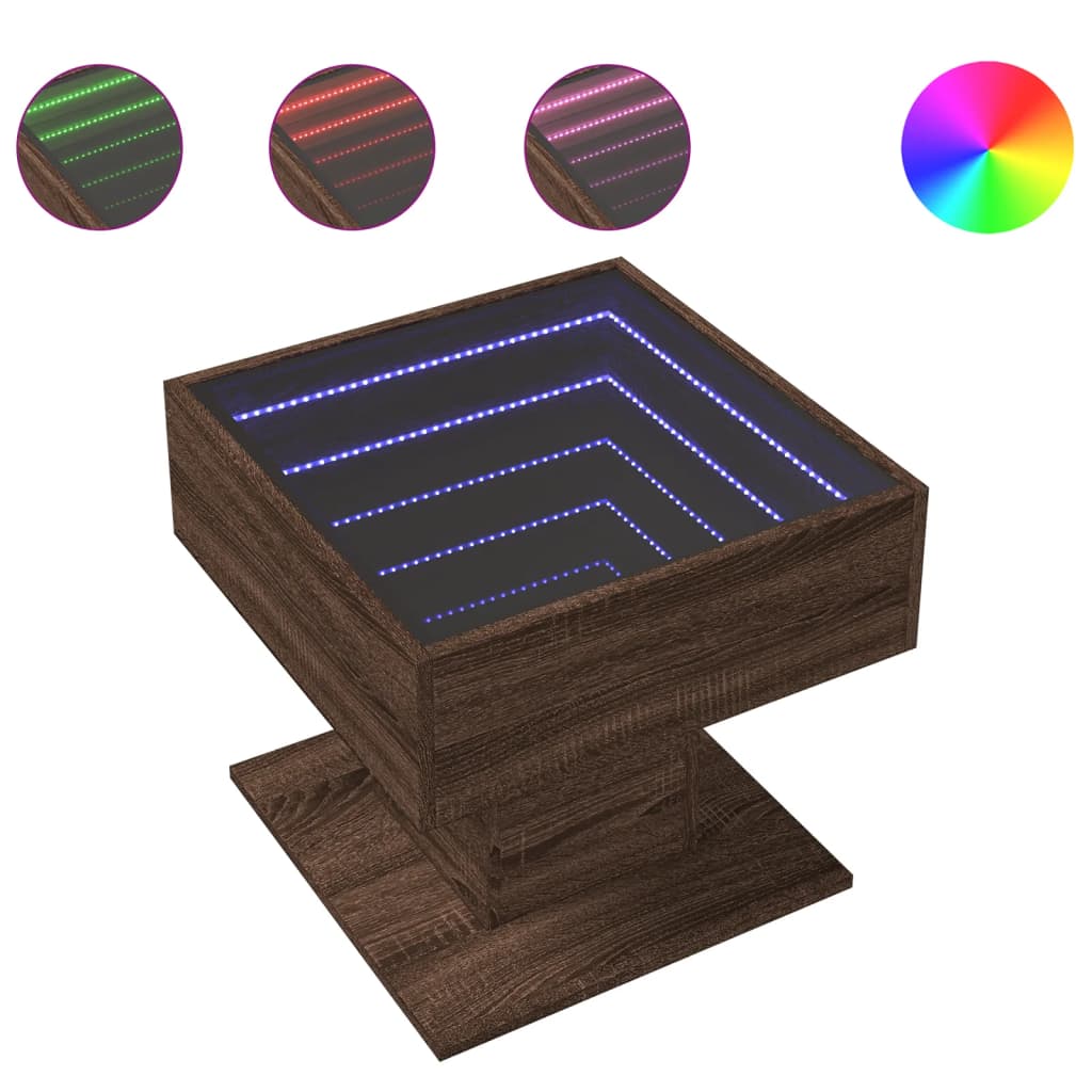 vidaXL Stolik kawowy z LED, brązowy dąb, 50x50x45 cm