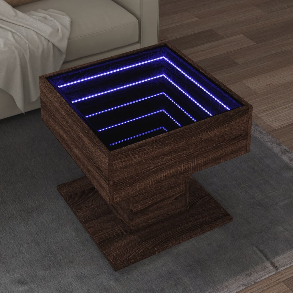 vidaXL Stolik kawowy z LED, brązowy dąb, 50x50x45 cm