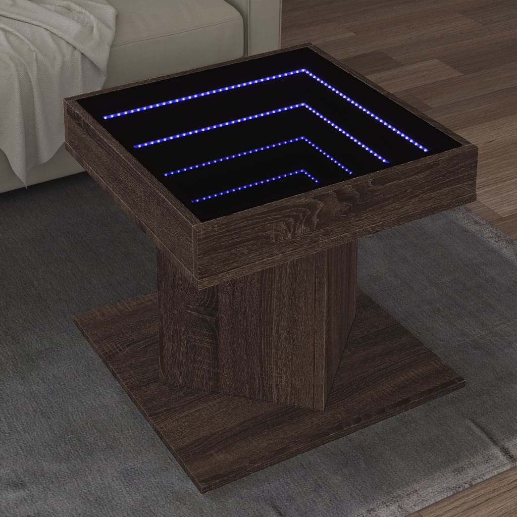 vidaXL Stolik kawowy z LED, brązowy dąb, 50x50x45 cm