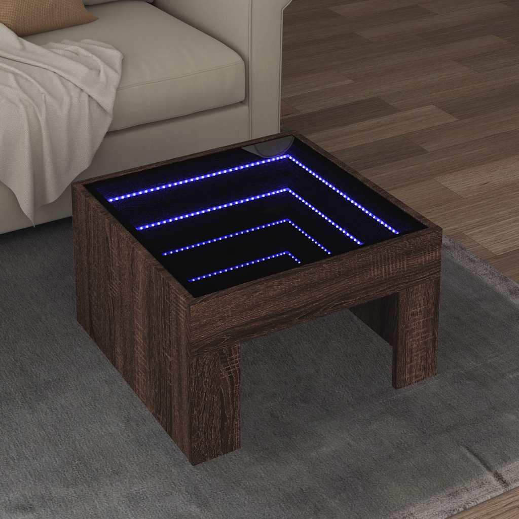 vidaXL Stolik kawowy z LED Infinity, brązowy dąb, 50x50x30 cm