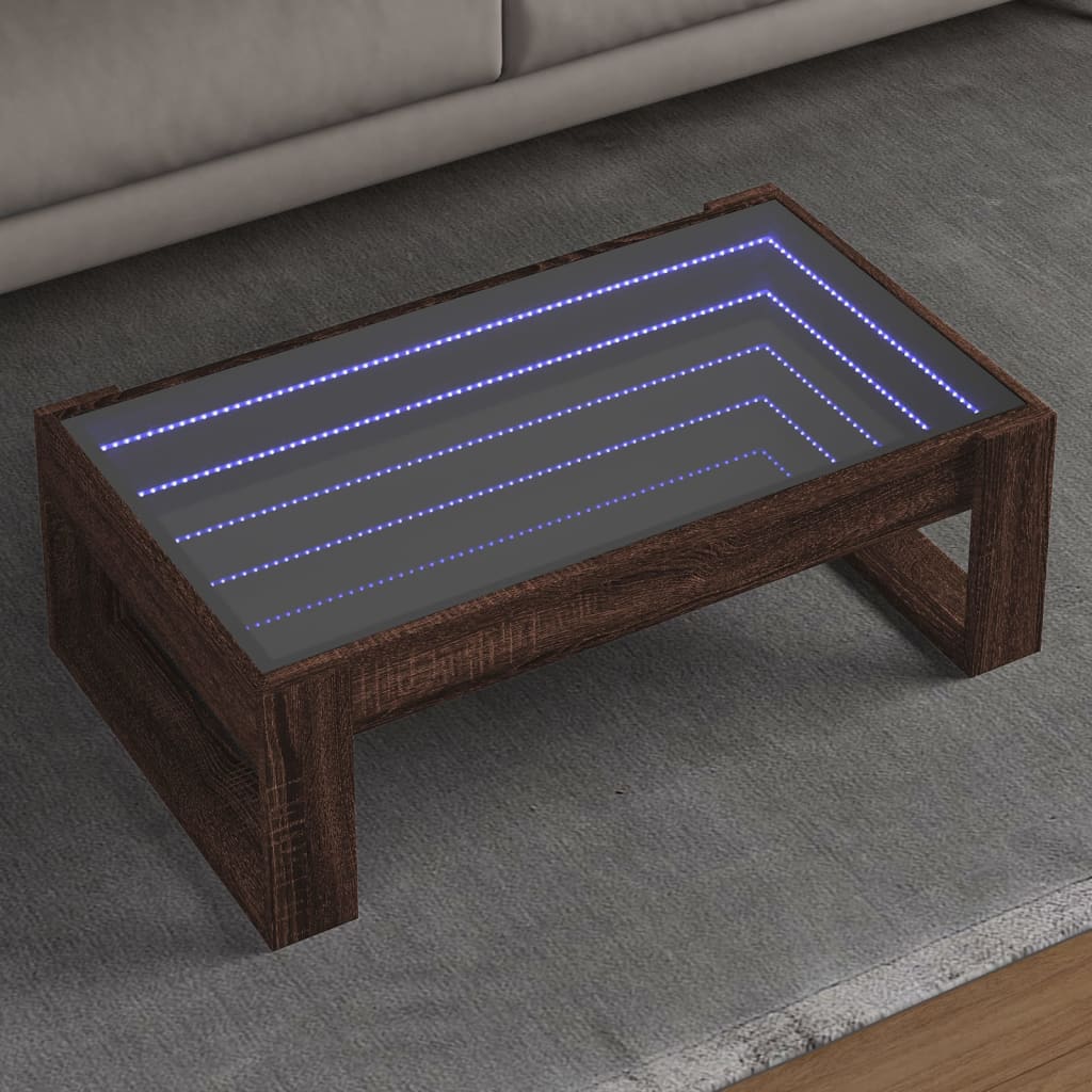 vidaXL Stolik kawowy z LED Infinity, brązowy dąb, 90x53x30 cm