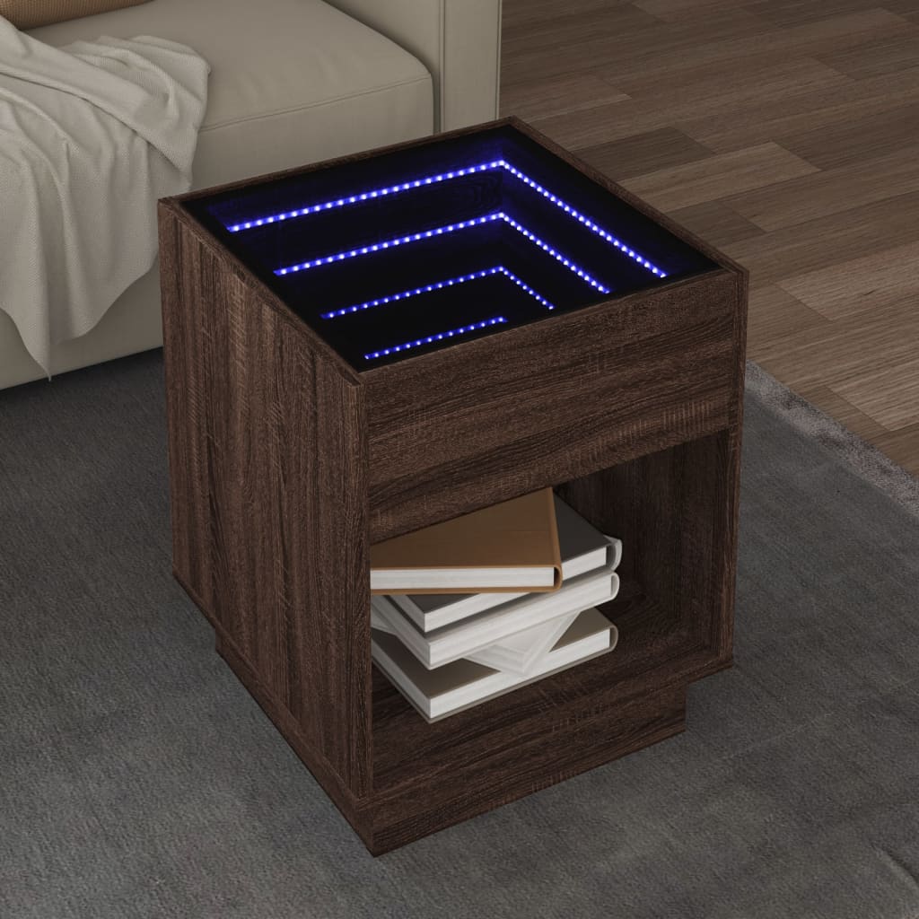 vidaXL Stolik kawowy z LED Infinity, brązowy dąb, 40x40x50 cm
