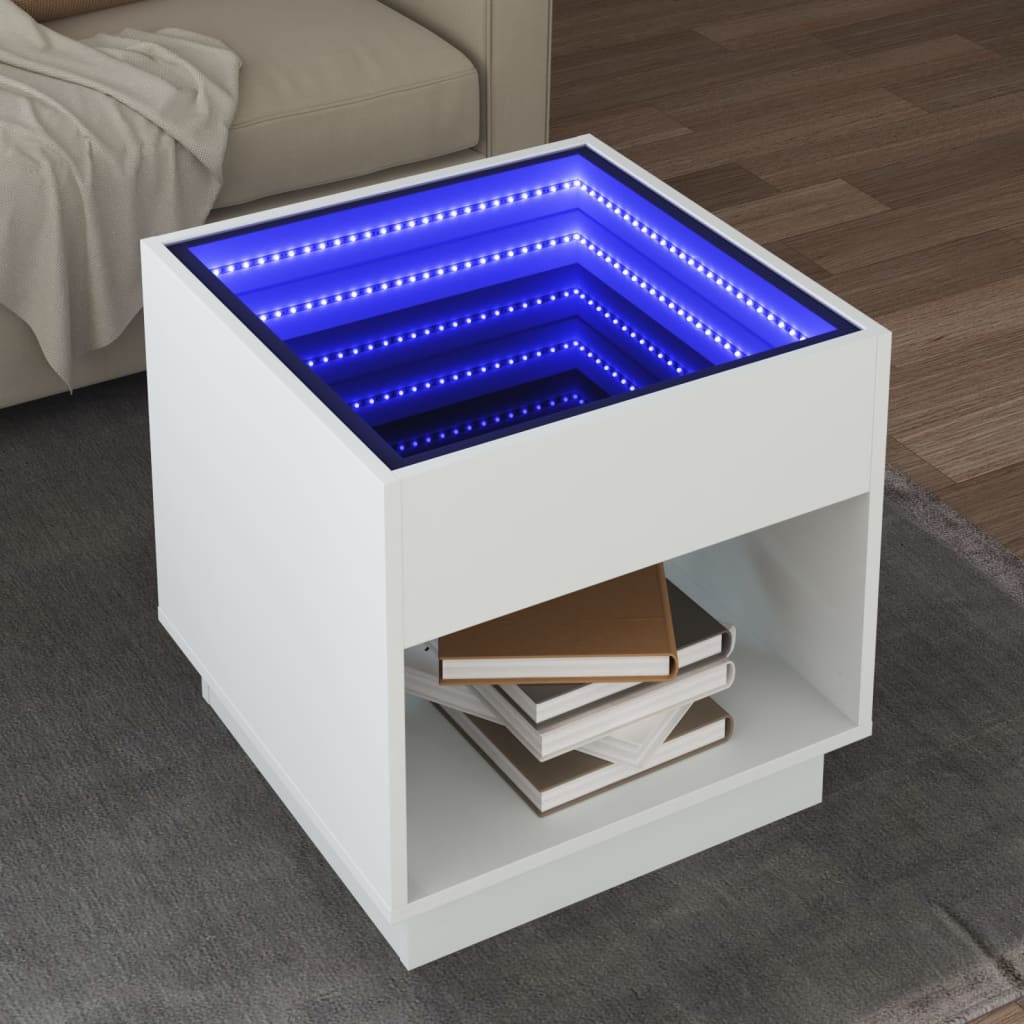 vidaXL Stolik kawowy z LED Infinity, biały, 50x50x50 cm