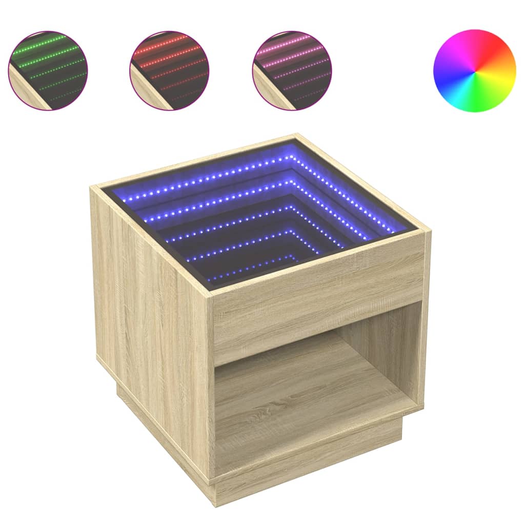 vidaXL Stolik kawowy z LED Infinity, dąb sonoma, 50x50x50 cm