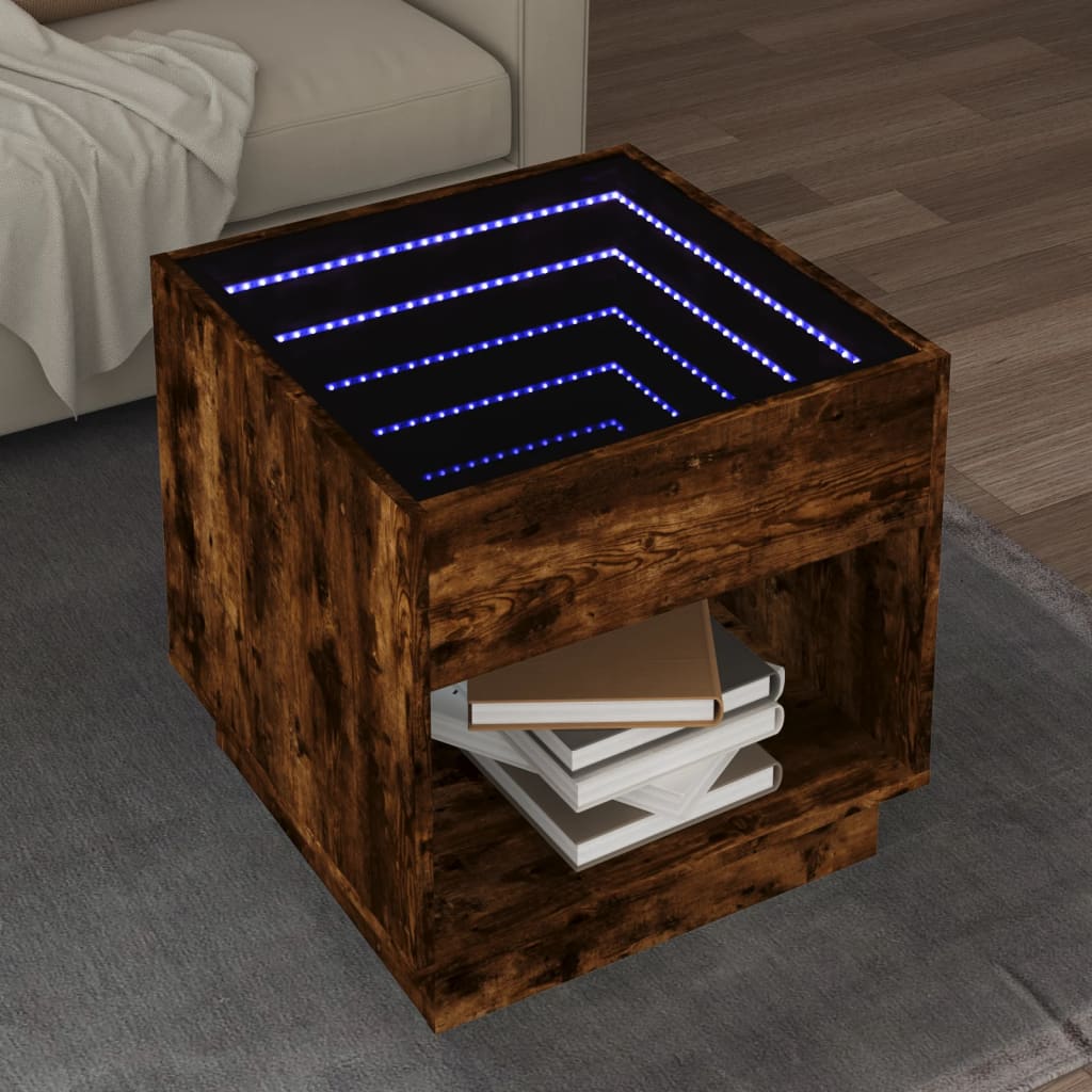 vidaXL Stolik kawowy z LED Infinity, przydymiony dąb, 50x50x50 cm