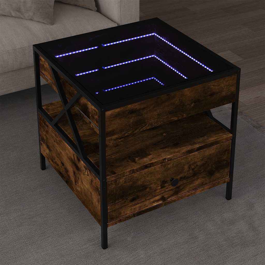 vidaXL Stolik kawowy z LED Infinity, przydymiony dąb, 50x50x51 cm