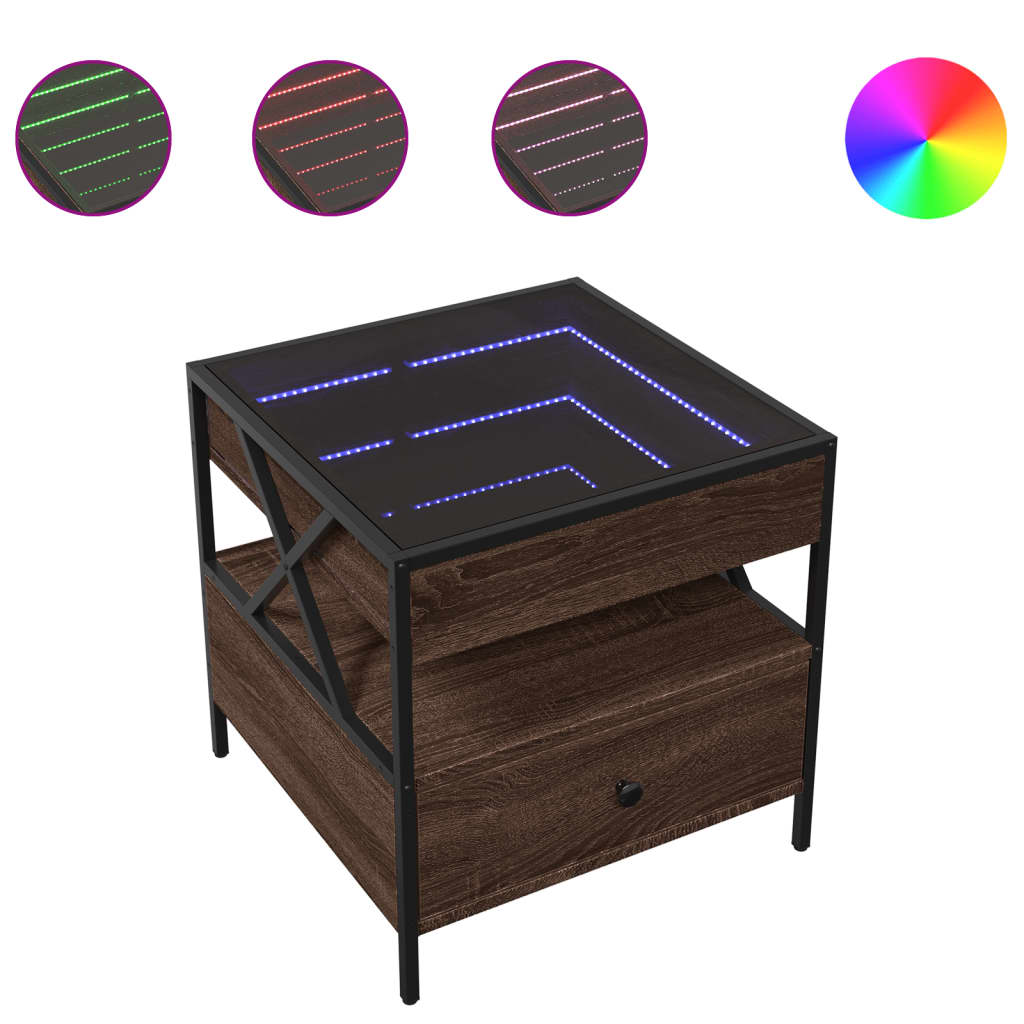 vidaXL Stolik kawowy z LED Infinity, brązowy dąb, 50x50x51 cm
