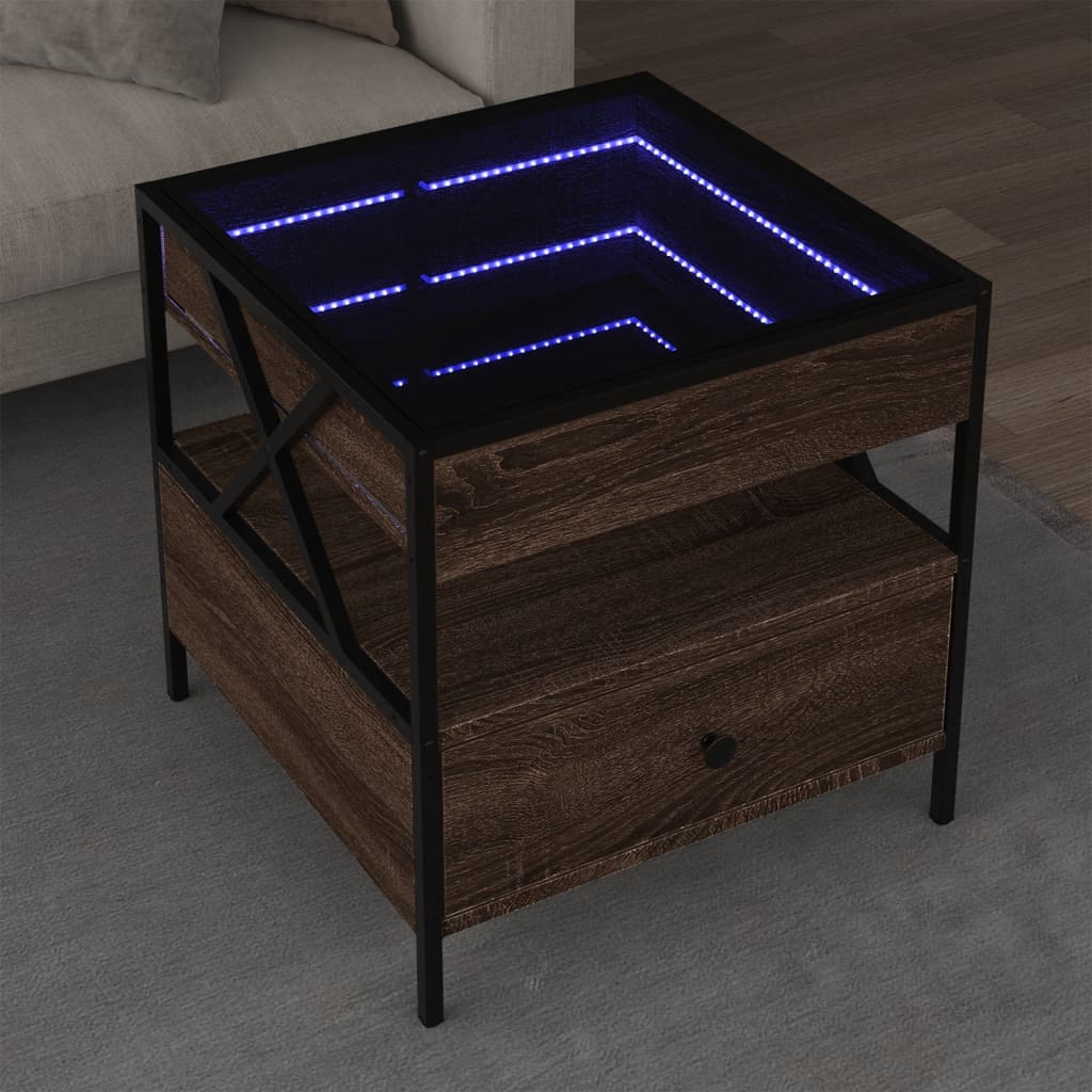 vidaXL Stolik kawowy z LED Infinity, brązowy dąb, 50x50x51 cm