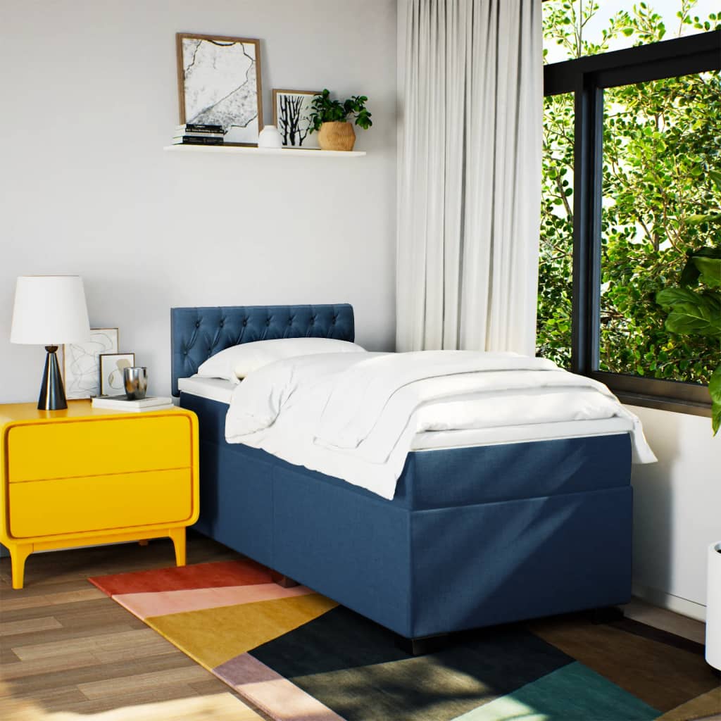 vidaXL Łóżko kontynentalne z materacem, niebieskie, tkanina, 90x200 cm