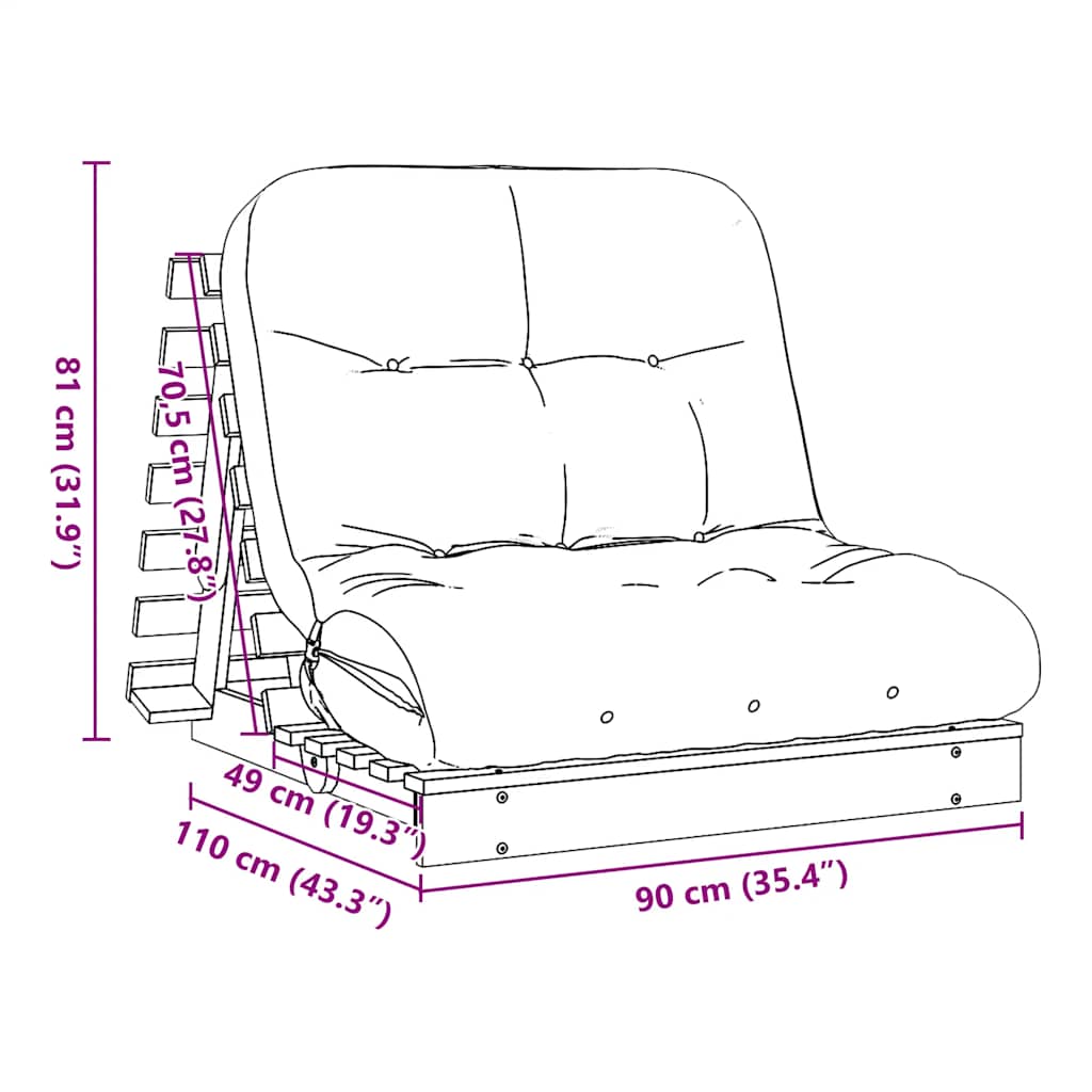 vidaXL Sofa rozkładana typu futon, z materacem, 90x206x11 cm, sosnowa
