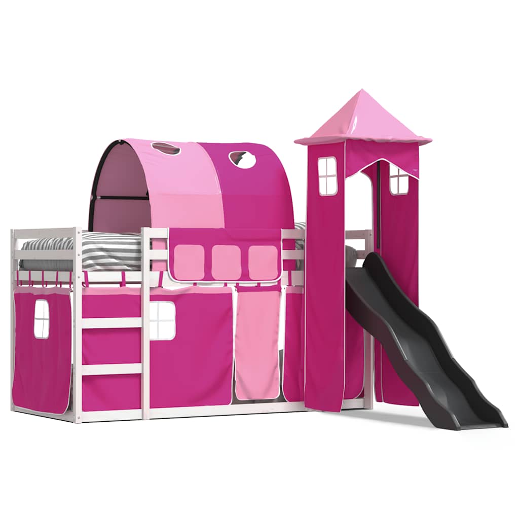 vidaXL Łóżko na antresoli, ze zjeżdżalnią i zasłonkami, 90x190 cm