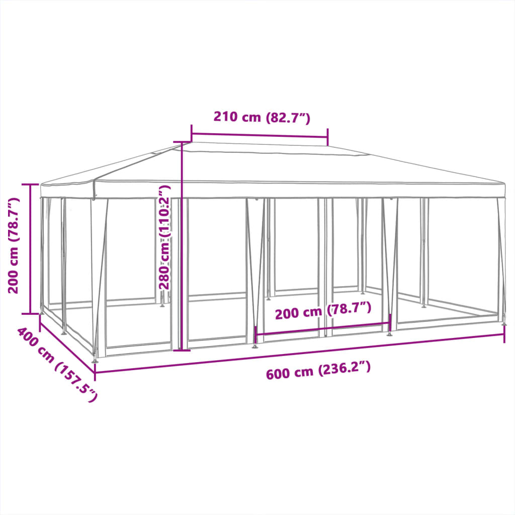 vidaXL Namiot imprezowy z 10 ścianami z siatki, czerwony, 6x4 m, HDPE