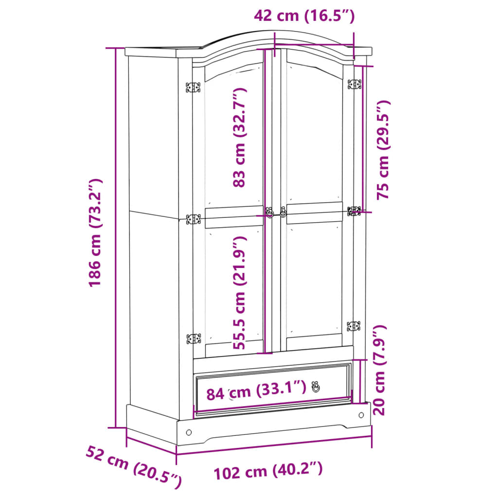 vidaXL Szafa Corona, 102x52x186 cm, lite drewno sosnowe