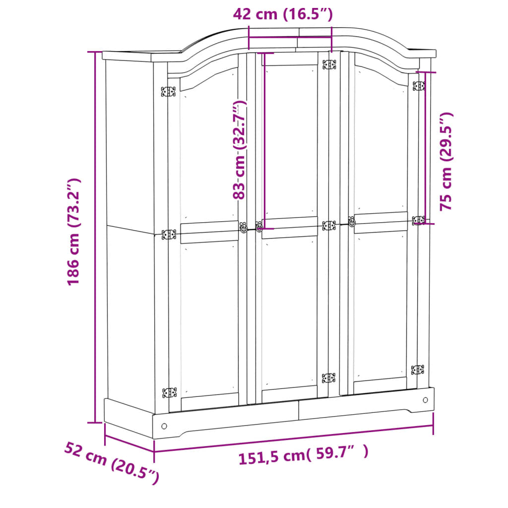 vidaXL Szafa Corona, 151,5x52x186 cm, lite drewno sosnowe