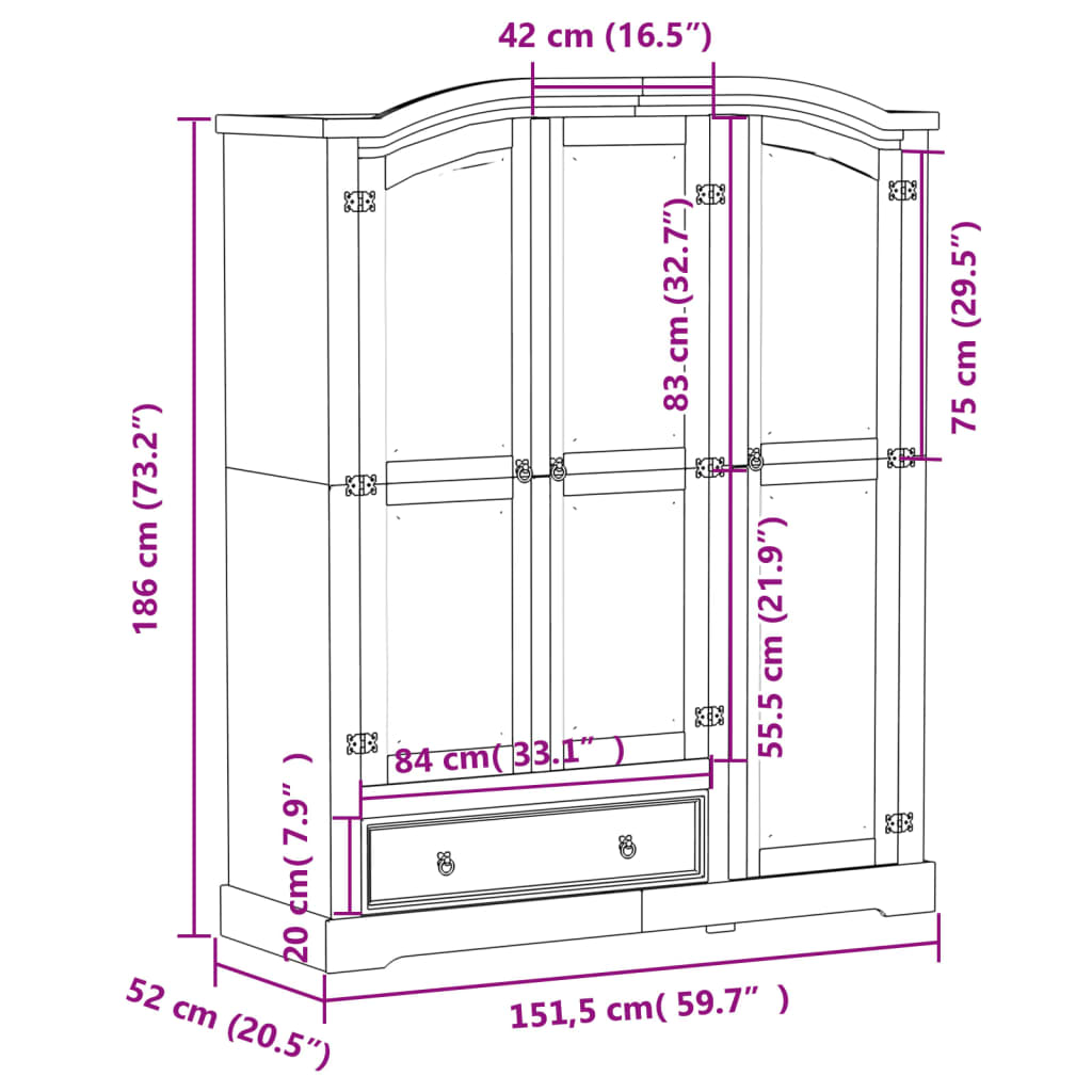 vidaXL Szafa Corona, 151,5x52x186 cm, lite drewno sosnowe